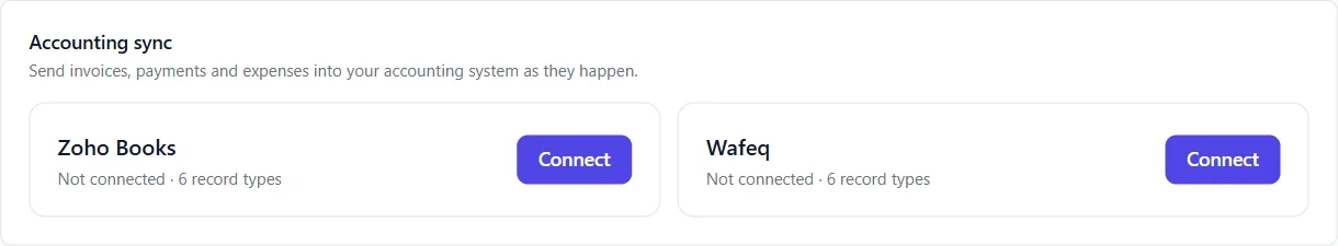 Accounting sync with Connect buttons for Zoho Books and Wafeq.