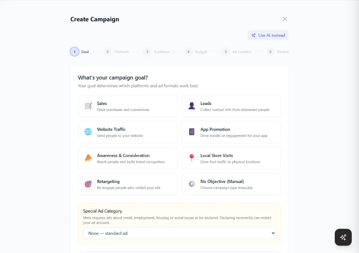 The campaign wizard's first step: choose a goal such as sales, leads, website traffic, app promotion, awareness, local store visits or retargeting.