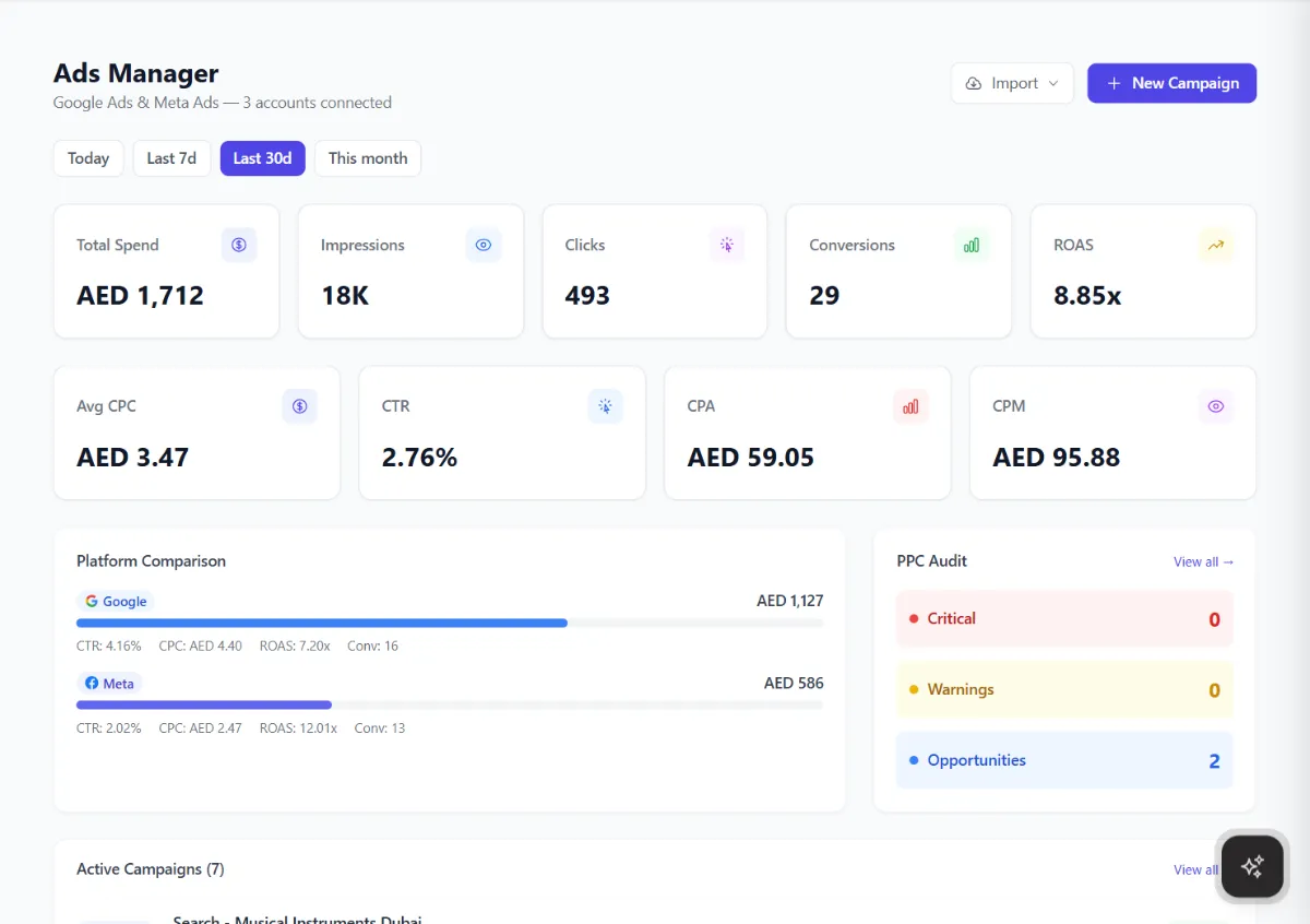 The Ads Manager dashboard: total spend, impressions, clicks, conversions, return on ad spend, cost per click, click-through rate, cost per acquisition, a Google versus Meta comparison and a PPC audit.