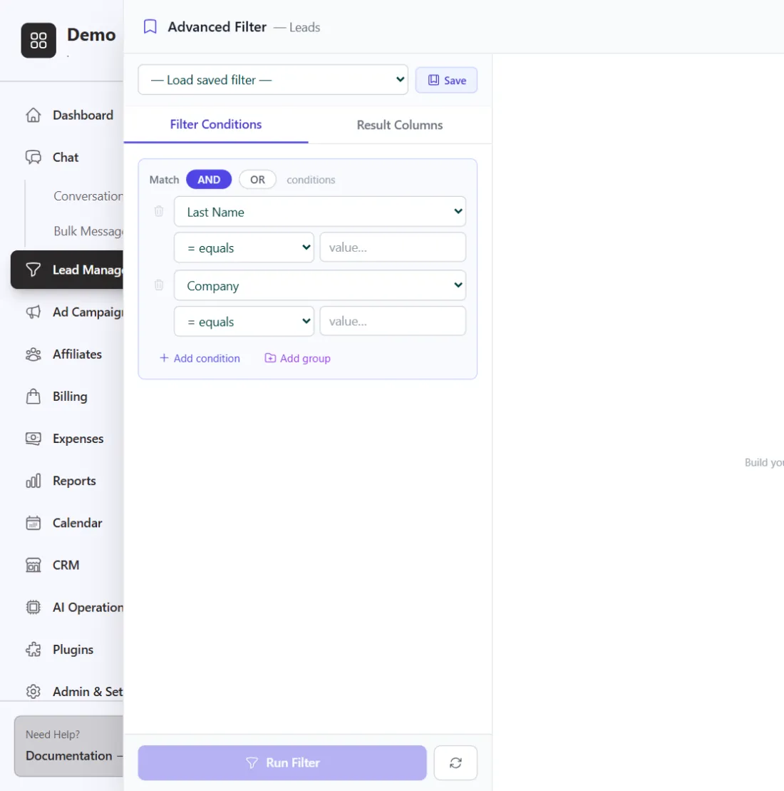 The advanced filter drawer with AND and OR matching, conditions on last name and company, a nested group, result columns, and saved filters.