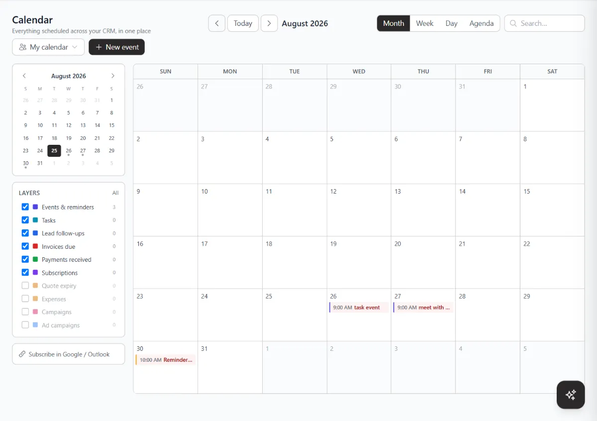 A month calendar with layers for events and reminders, tasks, lead follow-ups, invoices due, payments received and subscriptions, and a link to subscribe in Google or Outlook.