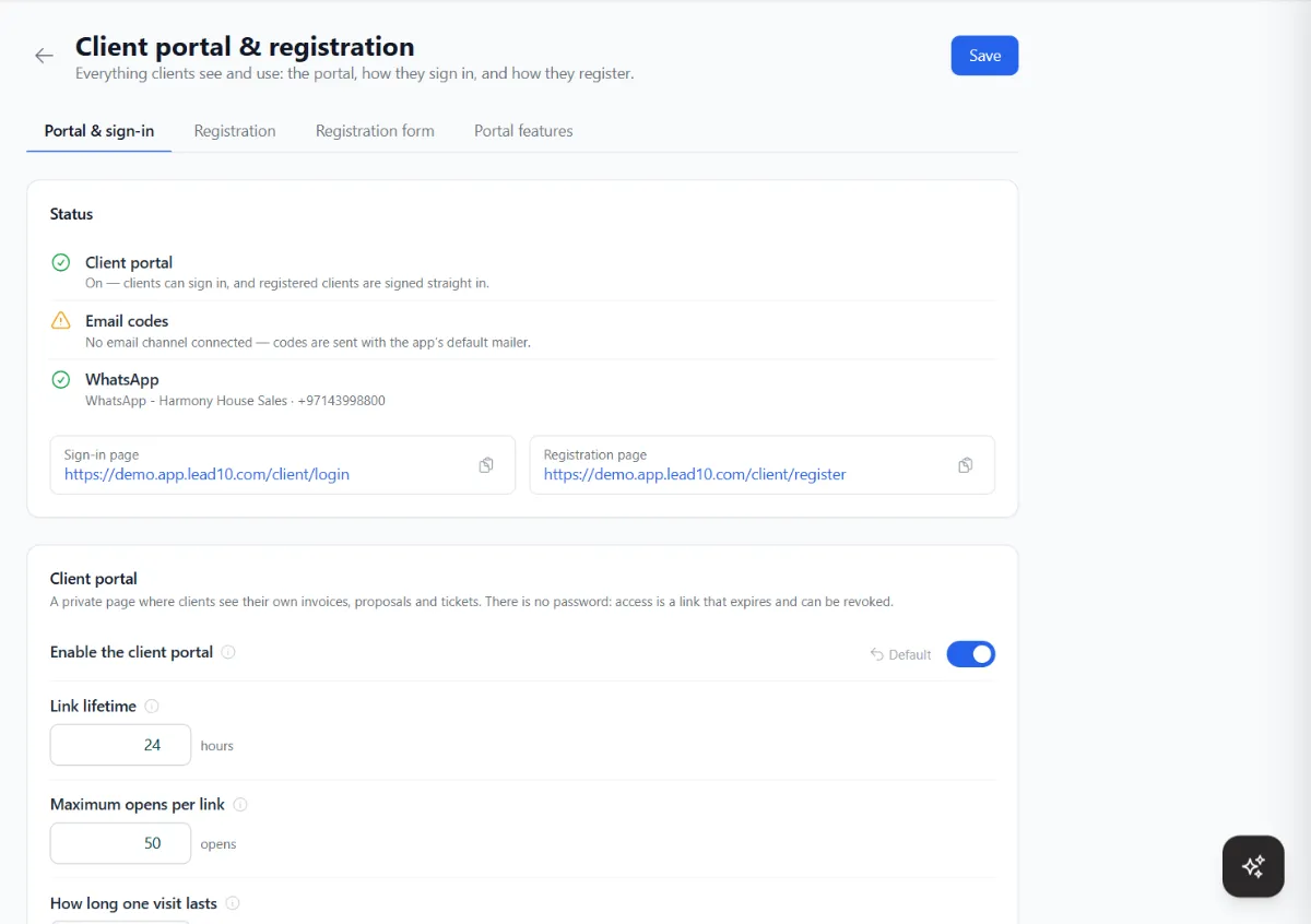Client portal and registration settings showing portal status, email and WhatsApp sign-in, the sign-in and registration page links, link lifetime and maximum opens per link.