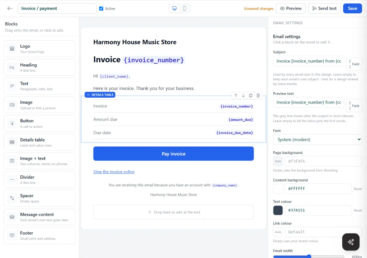 The drag-and-drop email builder with a block palette, an invoice email using merge fields, a details table and a Pay invoice button, and email settings.
