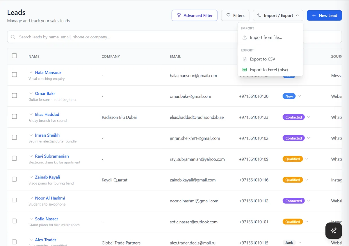 The leads list with the Import / Export menu open: import from file, export to CSV and export to Excel.