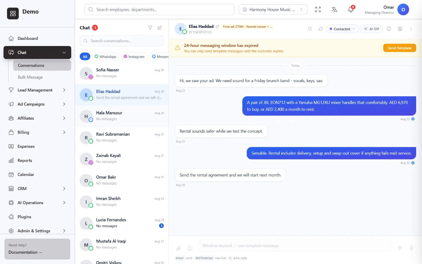 The unified inbox: a conversation list with WhatsApp, Instagram and Messenger filters, and an open WhatsApp chat that started from an ad.