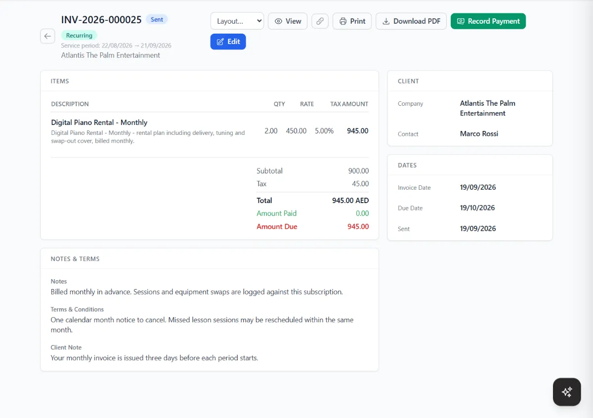 An invoice raised by a subscription, with line items, tax, totals, amount due, client, dates, notes and terms, and buttons to view, print, download a PDF and record a payment.