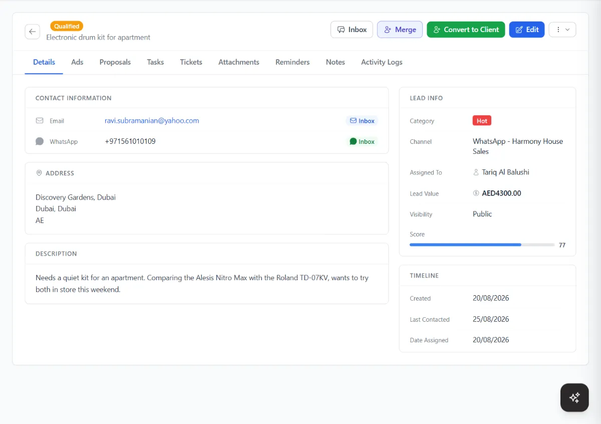 A lead record showing contact channels, address, description, category, channel, owner, lead value and timeline.