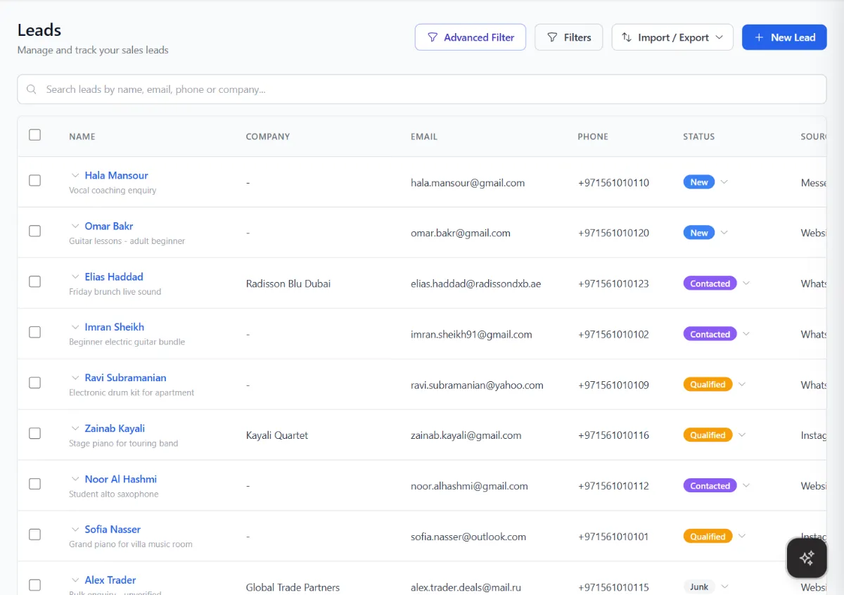 The leads list with name, company, email, phone, status and source columns.