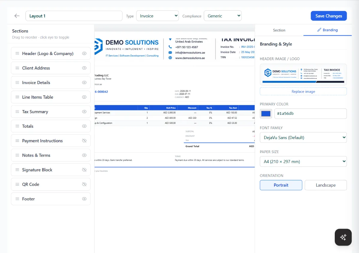 The invoice layout builder with draggable sections on the left, a live tax invoice preview in the middle, and branding, colour, font, paper size and orientation settings on the right.