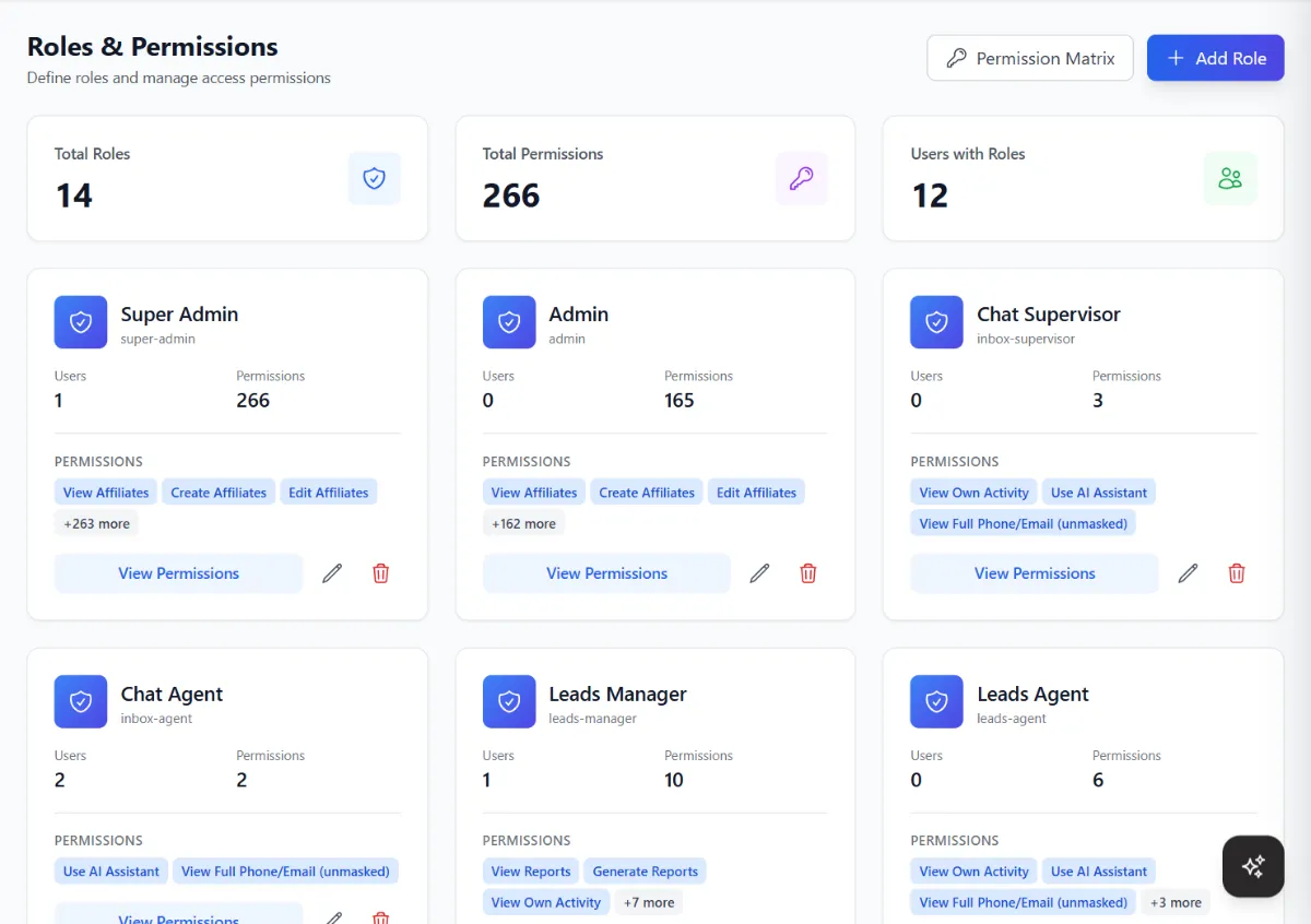 Roles and permissions: total roles, total permissions, users with roles, and role cards such as super admin, admin, chat supervisor, chat agent, leads manager and leads agent.