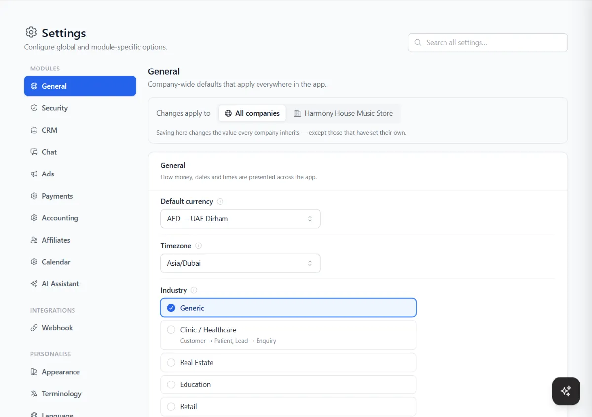 Settings with modules for general, security, CRM, chat, ads, payments, accounting, affiliates, calendar and AI assistant, and an industry choice: generic, clinic or healthcare, real estate, education and retail.