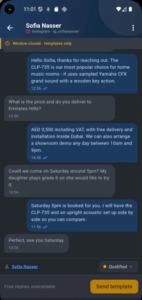 A conversation in the Lead10 app's dim theme with a customer who came in on Instagram. A banner says the window is closed and only templates can be sent, and a Send template button replaces the text box.