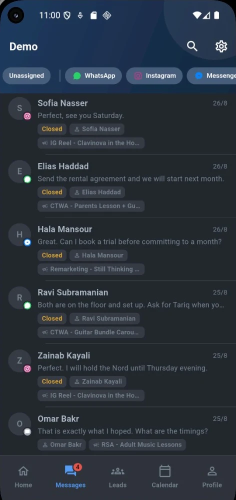 Lead10 app inbox in the dim theme: Unassigned, WhatsApp, Instagram and Messenger filters above a list of customer chats, each with its channel, status, assigned person and the ad it came from.
