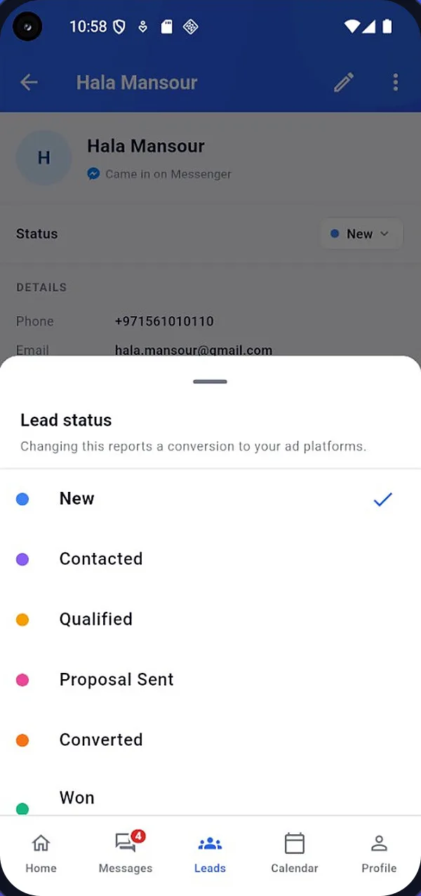 Changing a lead's status in the Lead10 app. A sheet lists New, Contacted, Qualified, Proposal Sent, Converted and Won, with the note: changing this reports a conversion to your ad platforms.