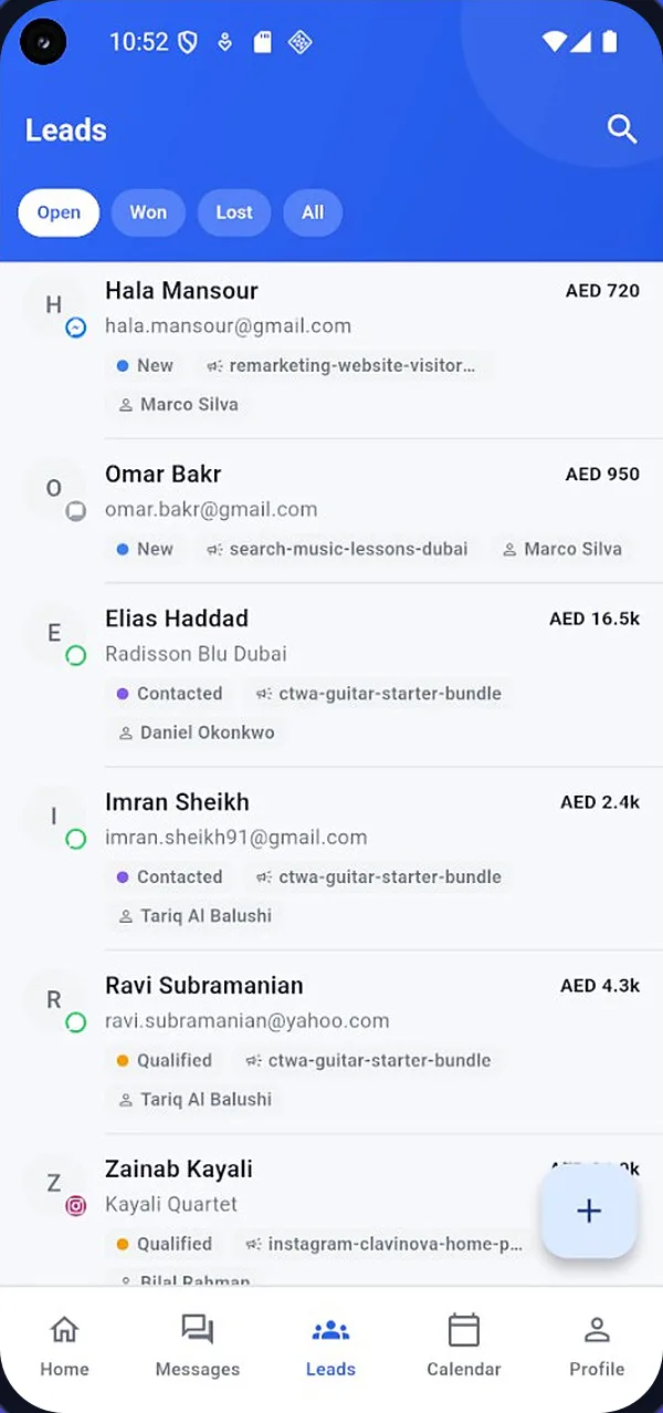 The Leads tab in the Lead10 app: Open, Won, Lost and All filters above a list of leads showing deal value in AED, status, the campaign each came from and the assigned salesperson.